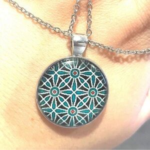Silver and Teal Geometric Pendant Necklace